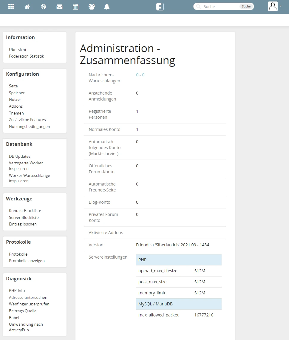 Administrations-Dashboard: links Menü, zentrale Überschrift Administration - Zusammenfassung, Tabellen mit Werten.