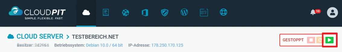 CloudPIT-Dashboard mit Serverdetails: Betriebssystem Debian 10.0 / 64 Bit, IP 178.250.170.125.