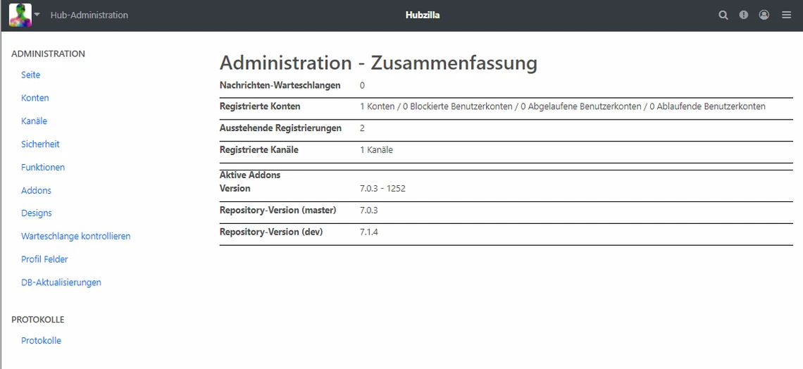 Hubzilla-Admin-Oberfläche: linke Navigationsleiste, zentrale Übersicht 'Administration - Zusammenfassung'.