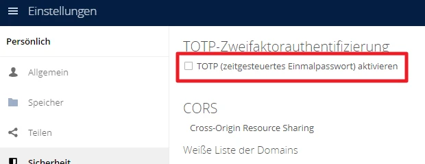 Einstellungsseite mit linkem Menü (Allgemein, Speicher, Teilen, Sicherheit) und TOTP-Zweifaktorauthentifizierung mit Checkbox.