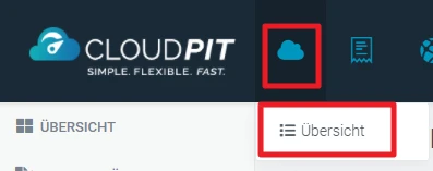 Dunkler Kopfbereich mit CloudPIT-Logo; rechts hervorgehobenes Wolken-Symbol; linke Seitenleiste mit 'ÜBERSICHT' und Icons.