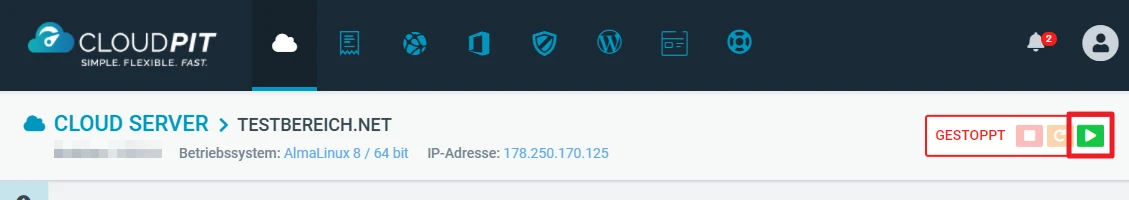 Dashboard mit CloudPIT-Logo; CLOUD SERVER, TESTBEREICH.NET; AlmaLinux 8 64 Bit; IP 178.250.170.125; rote Stoppt-Anzeige
