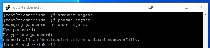 Linux-Terminal im Konsolenfenster; Befehl adduser dogado, Passwortänderung; Meldung: Tokens erfolgreich aktualisiert.