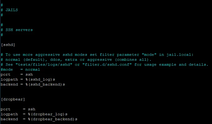 Schwarzer Bildschirm mit hellblauem Terminaltext; Überschriften JAILS und SSH servers, gefolgt von sshd- und dropbear.