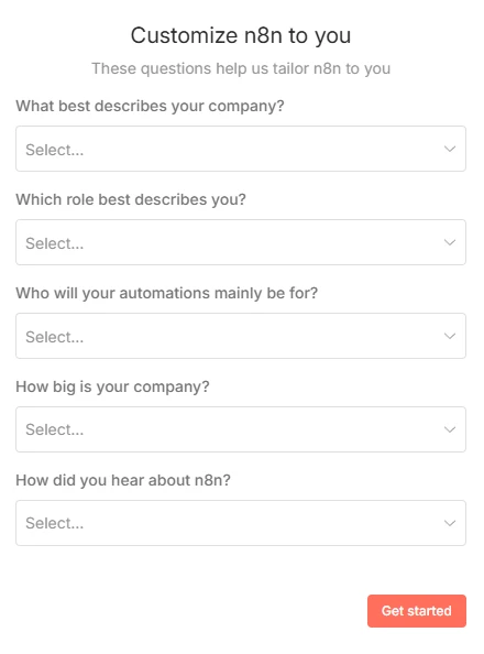 Screenshot einer n8n-Personalisierungsseite mit Dropdowns und einem orangefarbenen 'Get started'-Button.