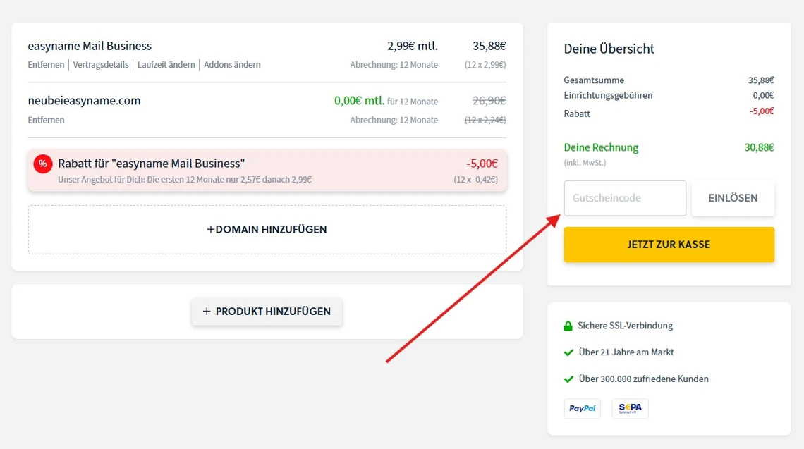 Screenshot eines Dashboards: linke Domainverwaltung mit Rabatt, rechte Übersicht mit Gesamtbetrag, Gutscheinfeld und gelbem Button.