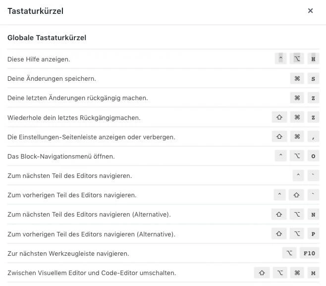 Screenshot der Tastaturkürzel-Hilfe mit globalen Tastenkombinationen in deutscher Sprache.