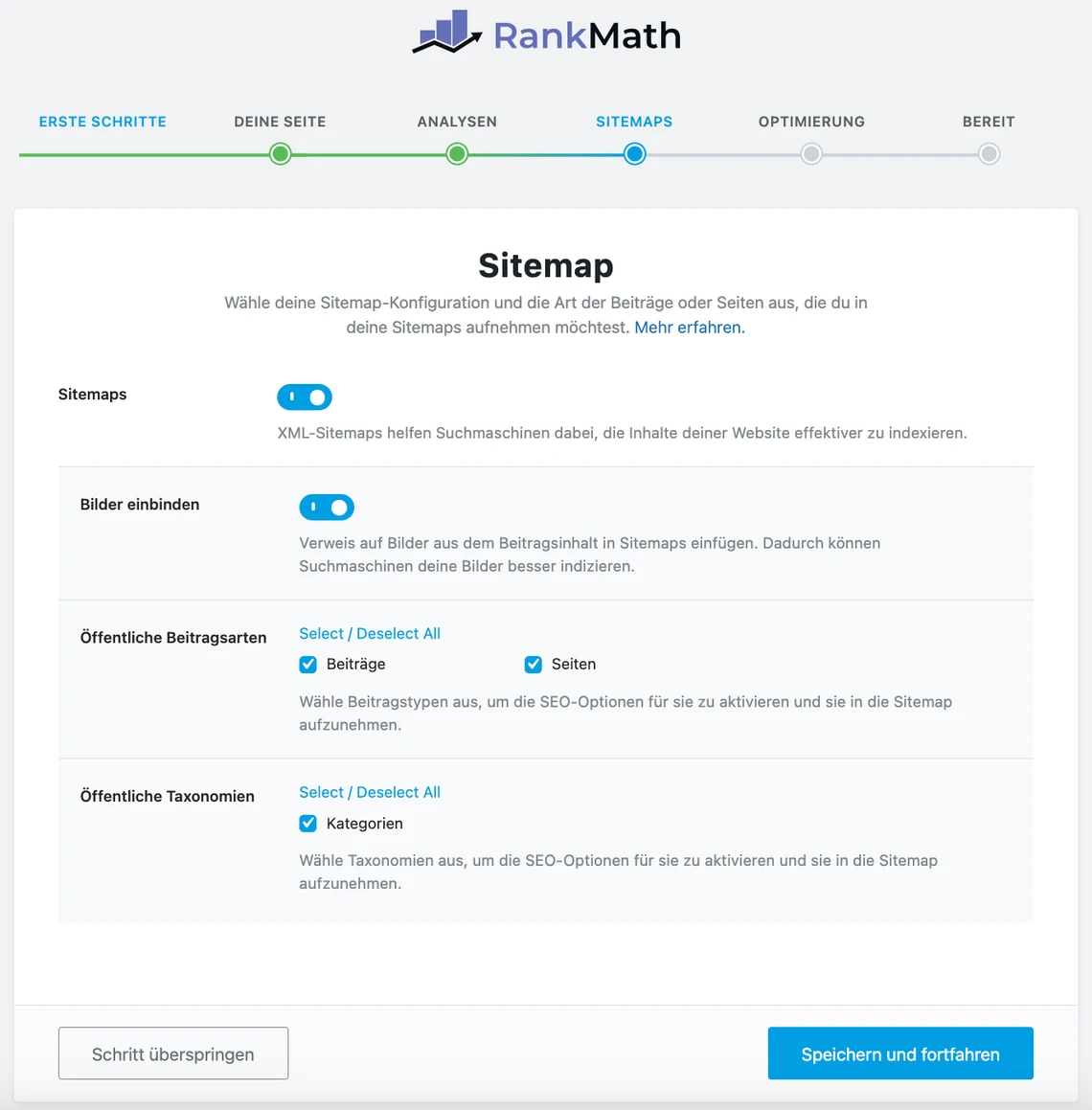 Rank Math Einrichtungsassistent: Sitemap konfigurieren