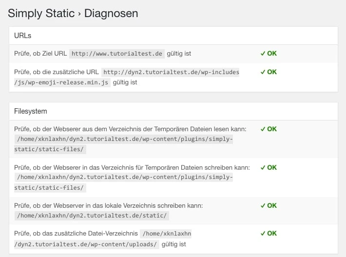 Screenshot der Simply Static Diagnosen-Seite: Listen 'URLs' und 'Filesystem' mit Prüfschritten und grünen OK-Häkchen.