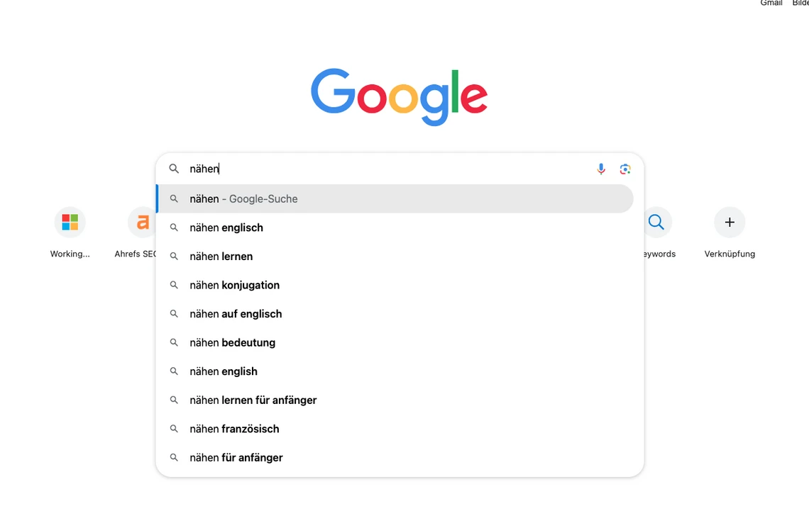 Google-Startseite mit Suchleiste und Dropdown-Vorschlägen zur Eingabe 'nähen'.