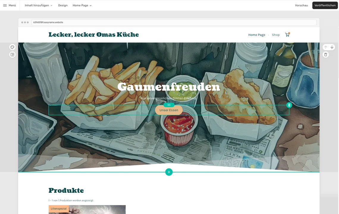 Screenshot einer Website-Startseite mit Bannerbild: Pommes, Dip, Flaschen und Zeitung; mittiger Text Gaumenfreuden.