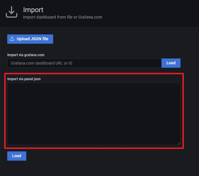 Dunkle Grafana-Import-Seite mit Upload-Button, URL/ID-Feld und rotem Rahmen um großen schwarzen Panelbereich.