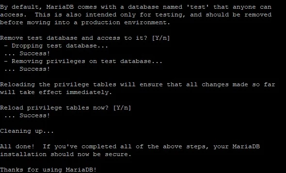 Terminalausgabe auf schwarzem Hintergrund: MariaDB-Meldungen über Löschung der 'test'-Datenbank, Erfolg, Privilege-Reload.