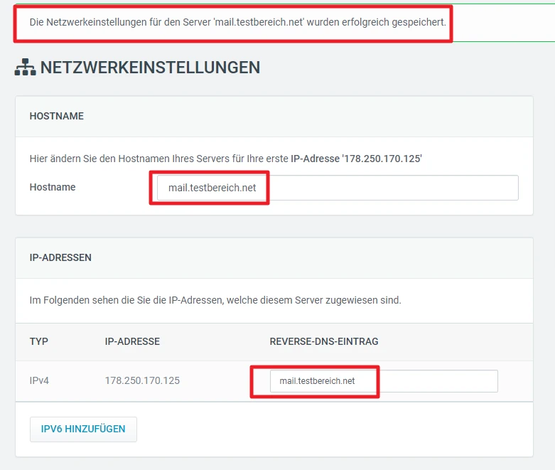 Netzwerkeinstellungen gespeichert; Server mail.testbereich.net; IPv4 178.250.170.125; Reverse-DNS mail.testbereich.net