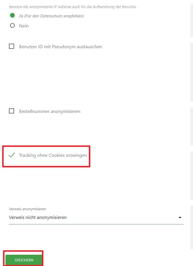 Datenschutz-Einstellungen: IP-Anonymisierung Ja/Nein, ID-Pseudonymisierung, Tracking ohne Cookies erzwingen (aktiv), Speichern.