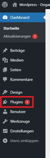 WordPress-Admin-Seitenleiste mit Dashboard, Beiträge und Plugins-Menü; Plugins-Eintrag rot hervorgehoben.