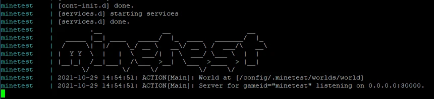 Terminalfenster mit schwarzem Hintergrund; grüne/weiße Texte, ASCII-Logo 'minetest' und Logzeilen, darunter Server-Meldung.