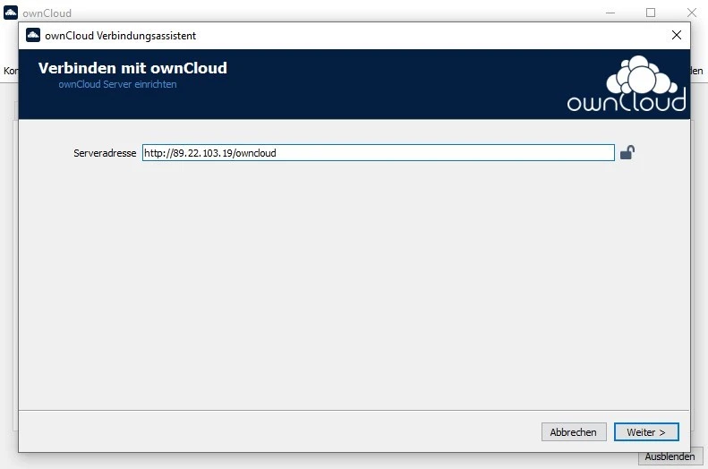 Bild zeigt den ownCloud-Verbindungsassistenten mit Feld 'Serveradresse' und der URL http://89.22.103.19/owncloud.