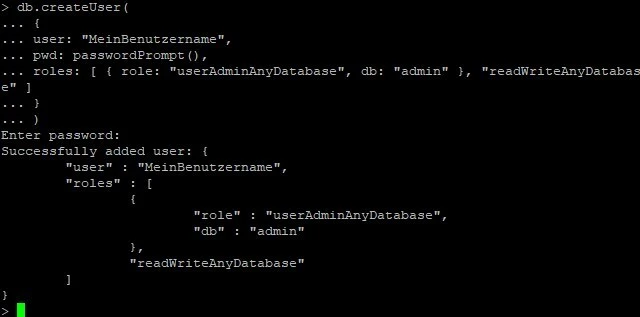 Terminal mit MongoDB-Befehl: db.createUser; JSON zeigt Benutzername, Rollen; Eingabeaufforderung 'Enter password':.