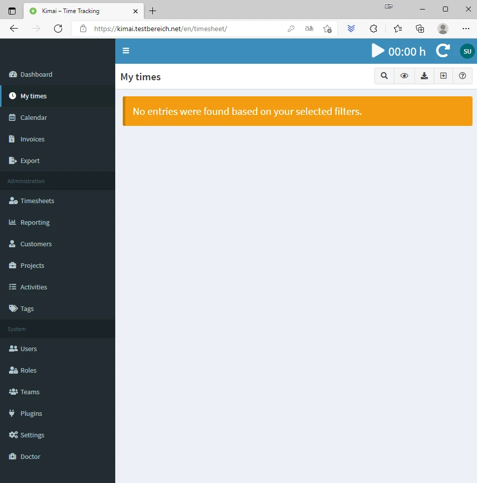 Screenshot von Kimai Time Tracking: linkes dunkles Menü, leerer Hauptbereich, orange Meldung 'No entries were found'