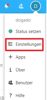 Offenes Benutzer-Menü mit blauem Profilbild (D), Name dogado, grünem Status; hervorgehobene Option 'Einstellungen'.