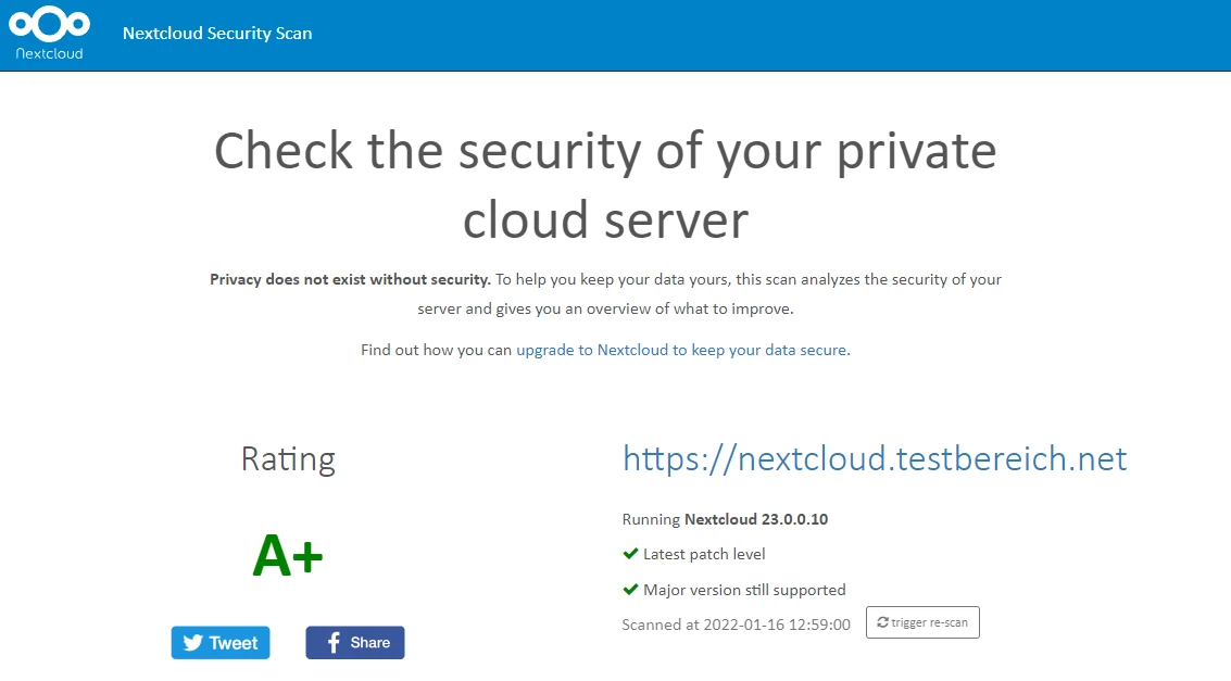 Screenshot der Nextcloud-Sicherheitsseite: blauer Kopfbereich, Check the security of your private cloud server, A+.