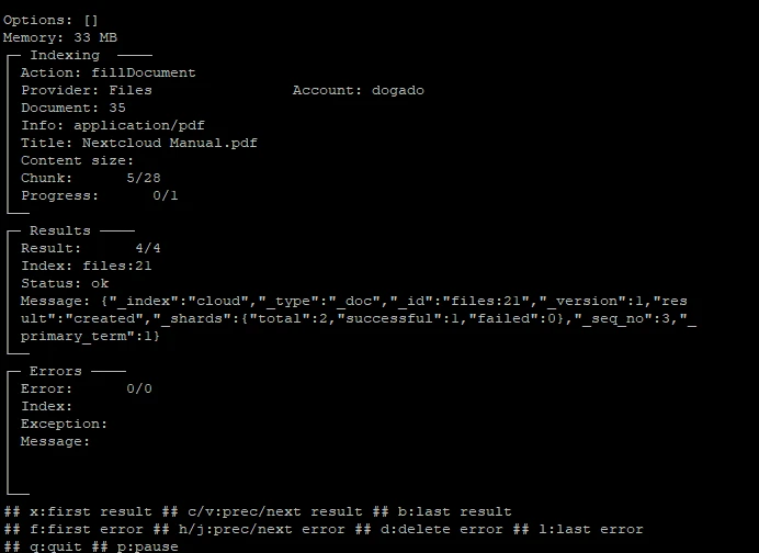 Schwarzes Terminalfenster mit Dateiname: Nexcloud Manual.pdf, Info: application/pdf, Progress 0/1, Status ok, Errors 0/0.