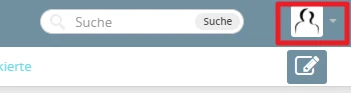 Webseiten-Kopfzeile mit Suchfeld und Such-Button; rechts Profil-Symbol mit Dropdown-Pfeil; blaues Stift-Icon unten rechts.