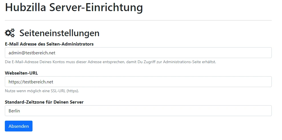 Hubzilla-Server-Einrichtung: Formular mit Admin-E-Mail, Webseiten-URL und Standort Berlin.