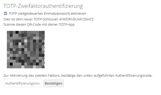 UI-Fenster: TOTP-Zwei-Faktorauthentifizierung mit aktivierter Checkbox, QR-Code links, Textabschnitte, zwei Buttons unten.