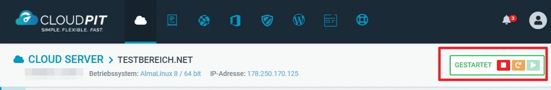 Screenshot einer Cloud-Server-Verwaltungsoberfläche: blaue Kopfzeile mit CloudPIT-Logo; grüner GESTARTET-Status.