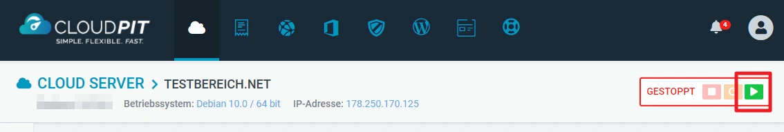Screenshot einer Server-Verwaltungsoberfläche: dunkle Kopfzeile, CloudPIT-Logo, Breadcrumbs, Serverdaten, grüner Button.