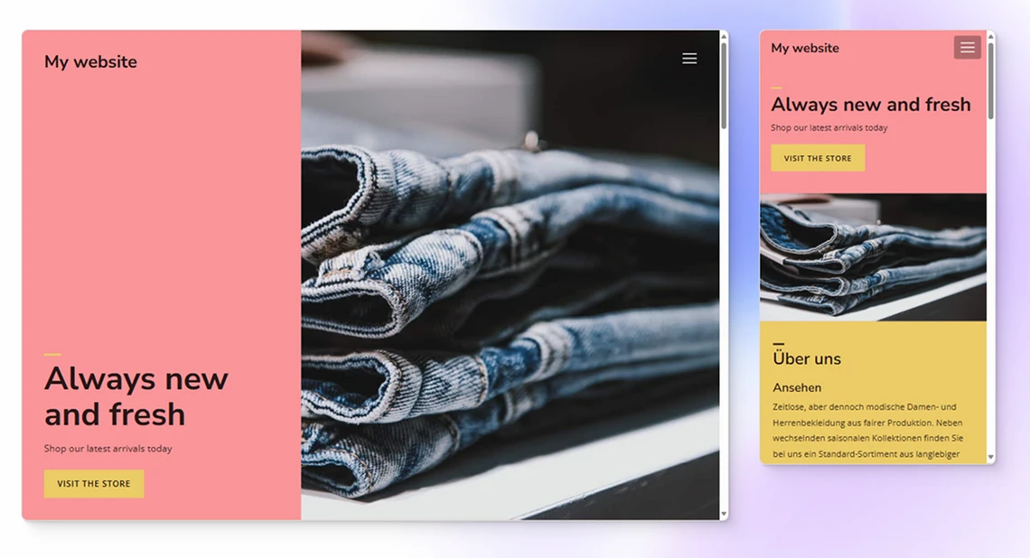 Zwei Website-Mockups: links pinkem Block mit 'Always new and fresh' und Jeansfoto; rechts ähnliche Layout-Varianten.