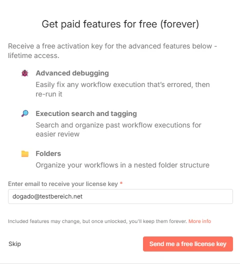 Webseite mit Titel Get paid features for free; drei Abschnitte: Advanced debugging, Execution search and tagging, Folders