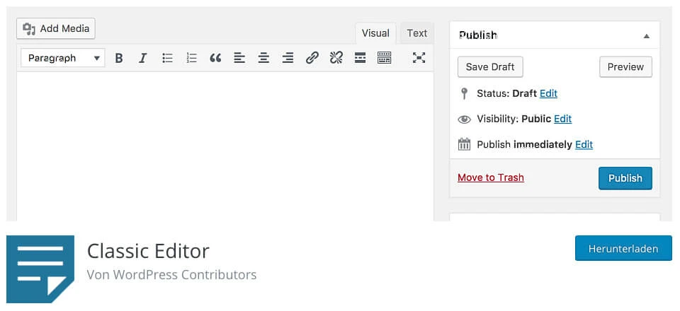 Screenshot des WordPress Classic Editor: Editorbereich mit Toolbar, Add Media und Publish-Panel; Logo unten links.