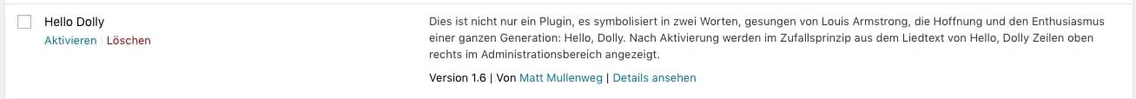 Screenshot eines Fensters mit Titel Hello Dolly, Aktivieren/Löschen, deutschem Text rechts, Versionsangaben unten.