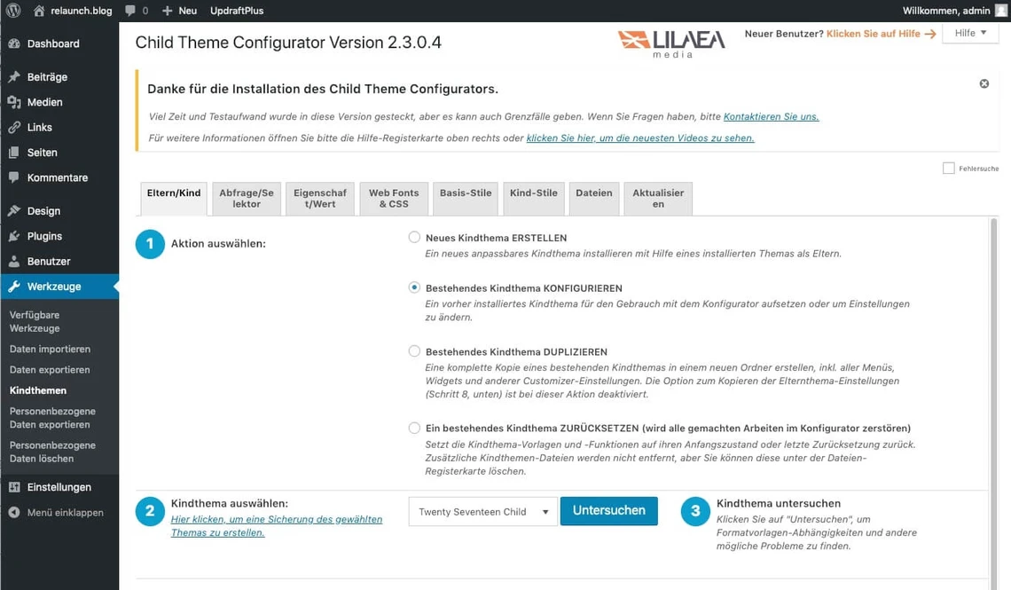 Die Konfiguration des Plugins Child Theme Configurator