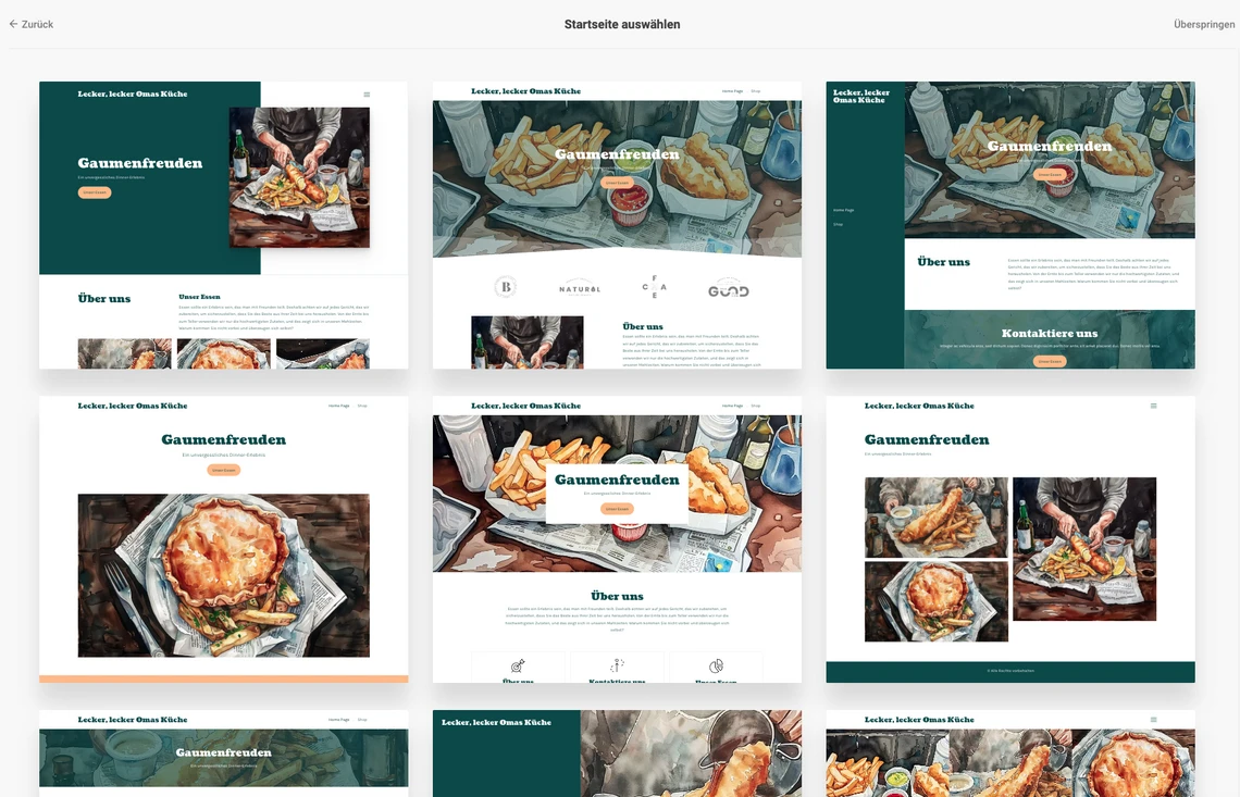 Mehrere Website-Vorlagen im Grid, mit Food-Fotografie (Kuchen, Gebäck, Snacks) in Weiß- und Grüntönen.