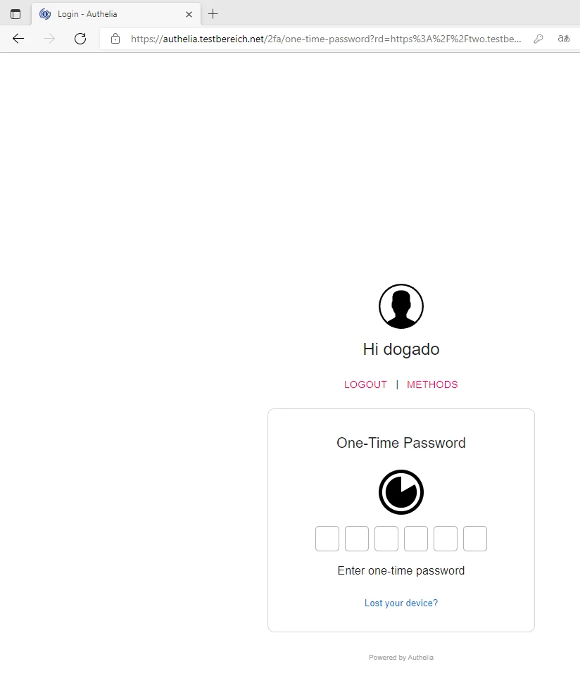 Weiße Login-Seite mit schwarzem Avatar in Kreis, Text Hi dogado; Karte One-Time Password mit Kreis-Icon und sechs Feldern.