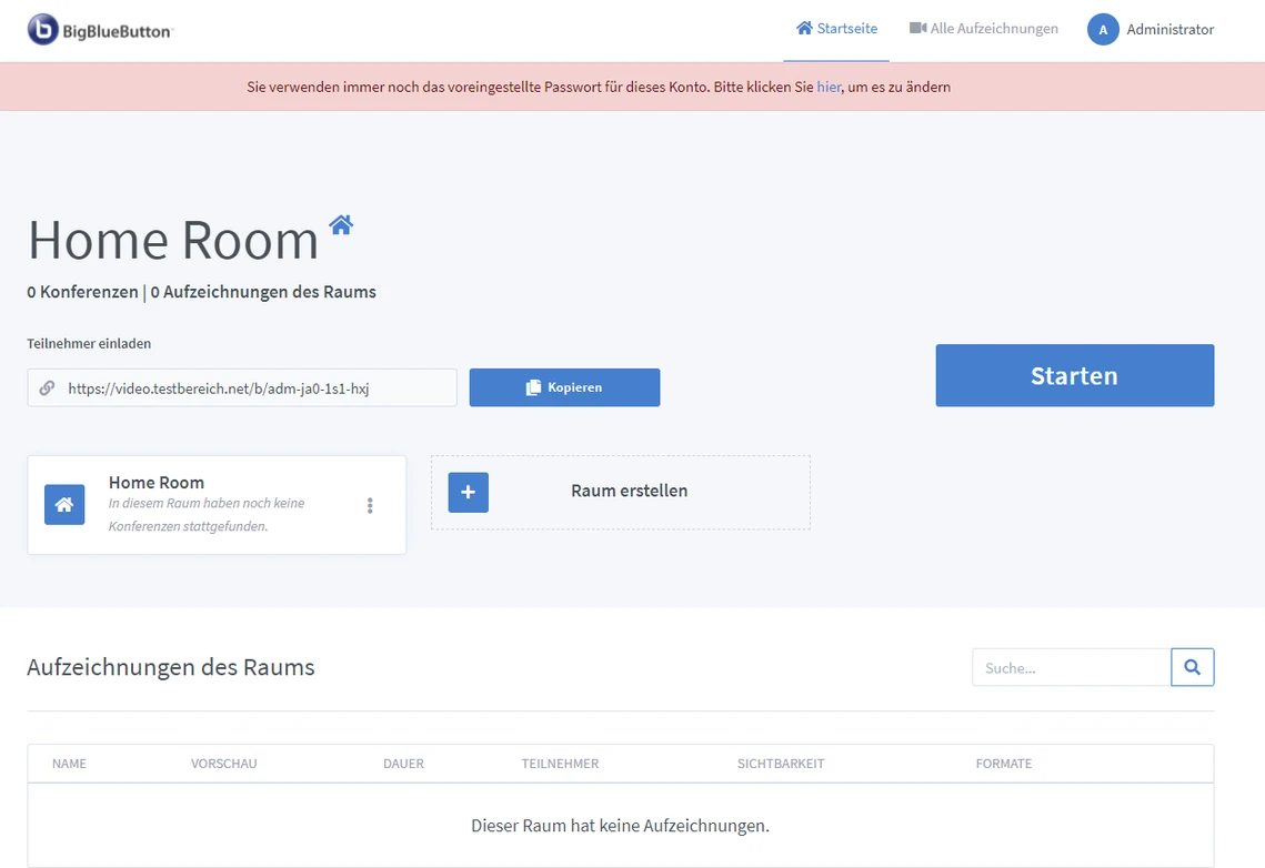 Screenshot der BigBlueButton-Oberfläche: Home Room mit Starten-Button, Raum erstellen und Eingabefelder.
