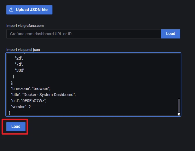 Dunkles Dashboard-UI mit Upload-Button, Eingabefeld und Load-Button; Editor zeigt JSON mit Optionen 2d, 7d, 30d.