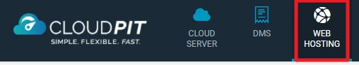 Dunkle Navigationsleiste mit CloudPIT-Logo; rechts CLOUD SERVER, DMS und WEB HOSTING (rot markiert).