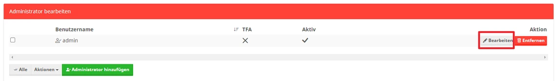 Rote Kopfzeile 'Administrator bearbeiten'; Tabelle mit Benutzernamen, Aktiv-Status; rechts Bearbeiten- und Löschen-Buttons.