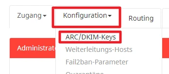 Weboberfläche mit Menü Konfiguration; Dropdown ARC/DKIM-Keys sichtbar; roter Admin-Bereich links.