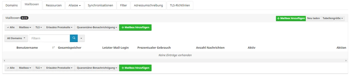 Admin-Oberfläche zur Verwaltung von Mailboxen; obere Navigationsleiste und Tabellenansicht.