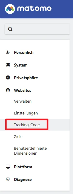 Matomo-Oberfläche: linke Seitenleiste mit 'Tracking-Code' hervorgehoben, Suchleiste unter dem blauen Kopfbereich.