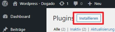 WordPress-Admin: Plugins-Seite mit blauem Installieren-Button; links Menü und obere Administrationsleiste.