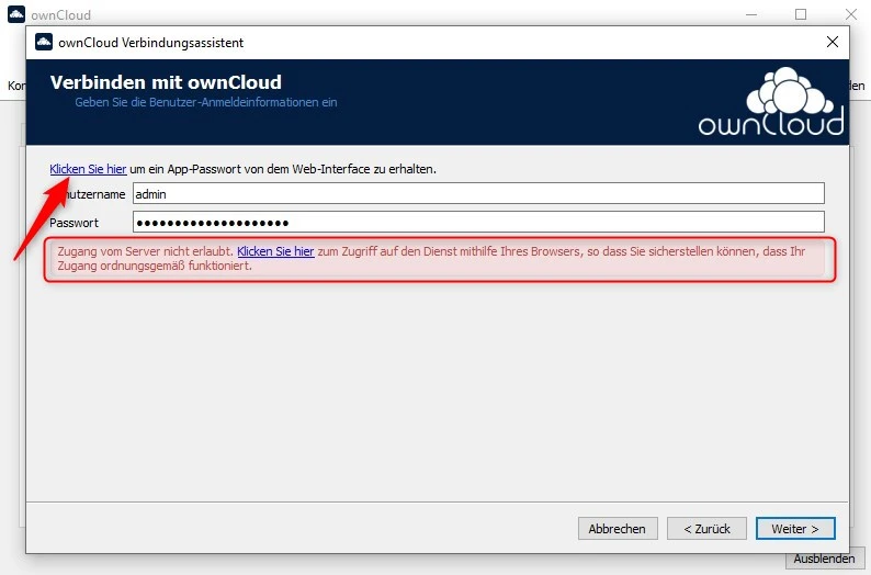ownCloud-Verbindungsassistent: Felder Benutzername (admin) und Passwort; rote Fehlermeldung zum Serverzugriff.