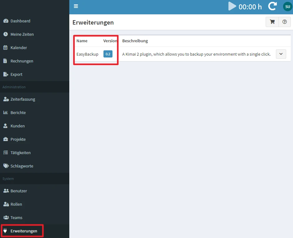 Screenshot einer Admin-Oberfläche mit seitlicher Navigation; in der Liste steht Plugin 'EasyBackup' Version 0.2.