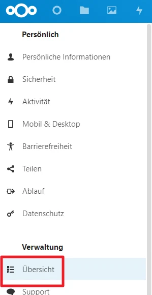 Screenshot einer App-Seitenleiste mit Menüpunkten; hervorgehobene Übersicht unter Verwaltung.